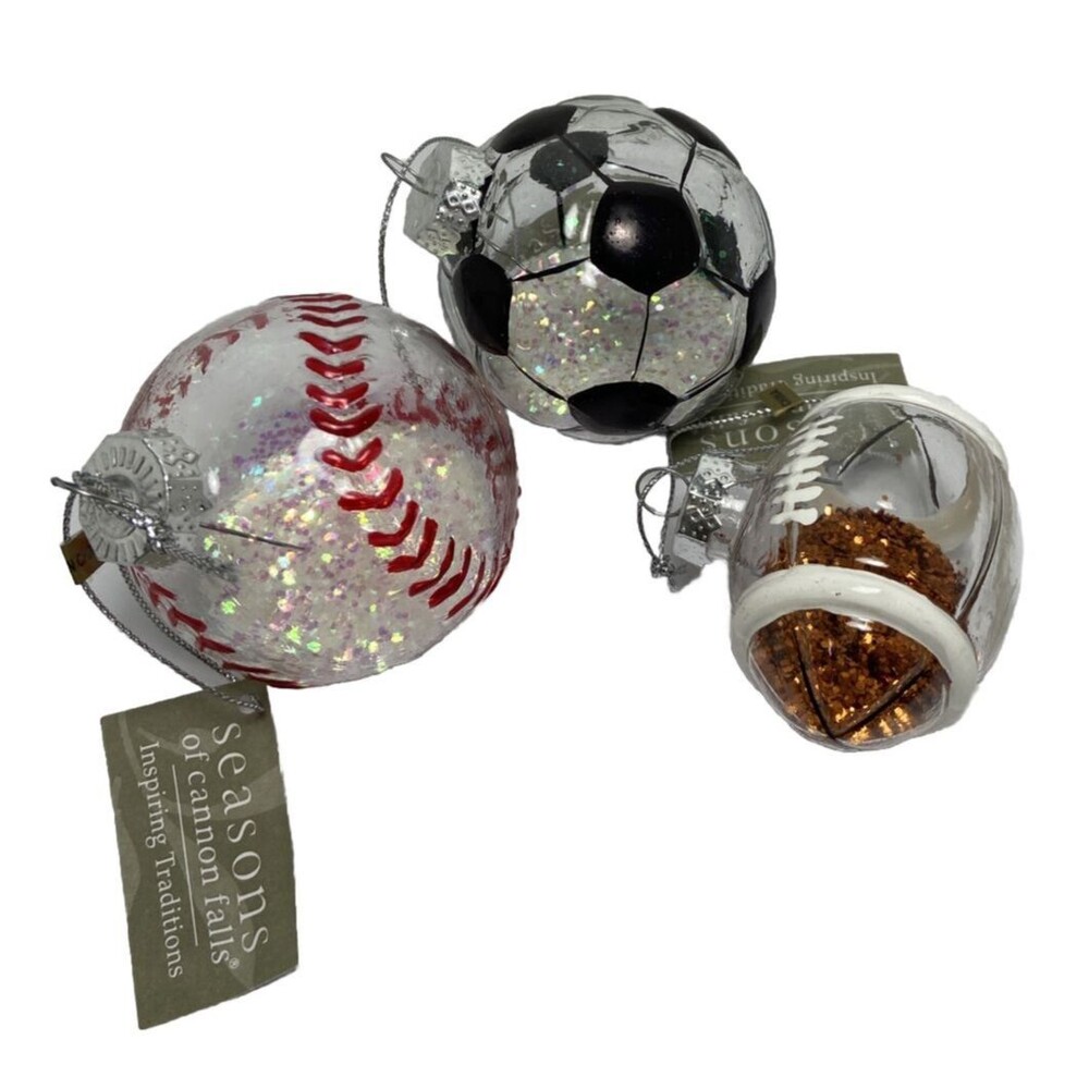 Seasons Sports Ornaments Set of 3 Baseball Soccer Football with Glitter inside